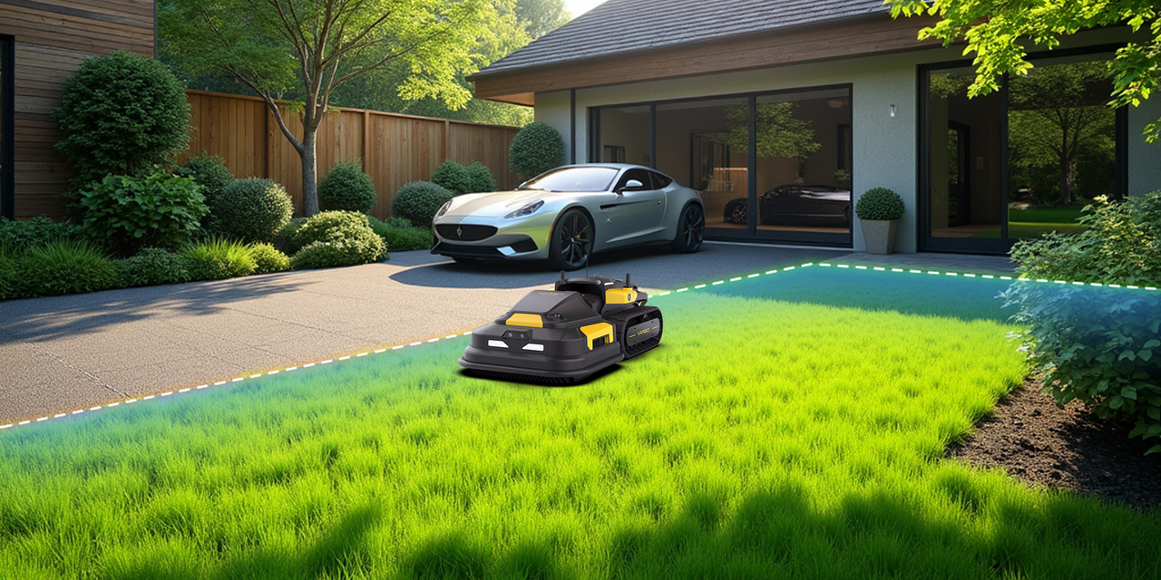 Black and yellow robot mower on lush green lawn near modern home, with sleek car in driveway.