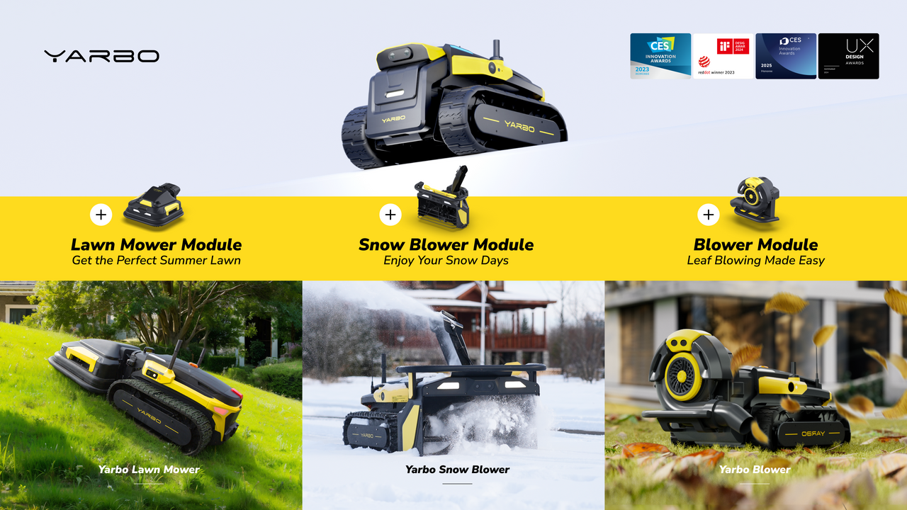 Yellow and black Yarbo robot with interchangeable modules mowing, blowing snow, and clearing leaves in vibrant outdoor scenes.