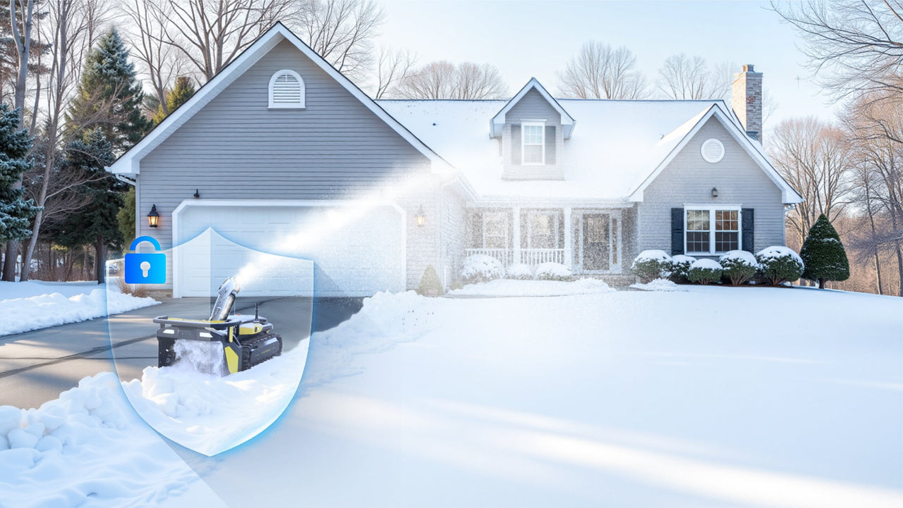 Snow-covered home with Yarbo snow blower protected by glowing blue shield and lock icon, symbolizing security and peace of mind.