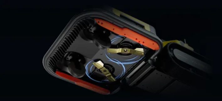 Close-up of Yarbo’s dual-blade system with mulching and standard blades, glowing blue for precision cutting.