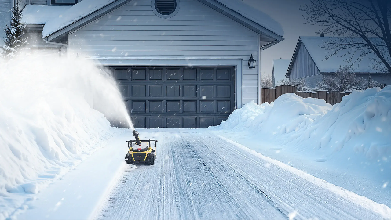 Yellow robotic snow blower clears a snowy driveway in front of a modern home, spraying snow to the side during a winter storm.