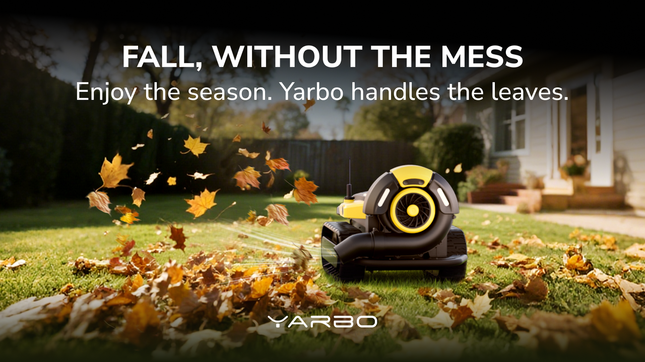 Yellow and black robotic leaf blower clearing fallen leaves on a sunny lawn, creating a tidy, autumn-ready yard.