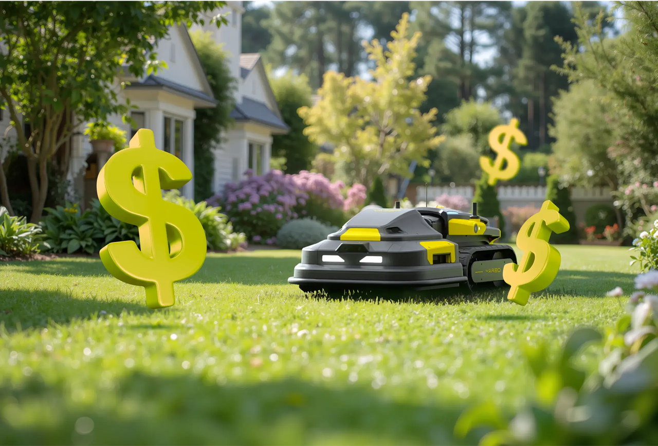 Yarbo robot mower on lush green lawn with floating dollar signs, symbolizing cost and value.