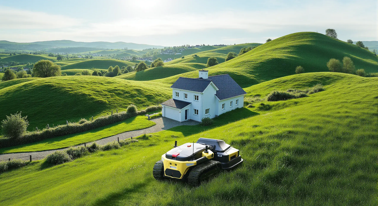Robotic lawn mowers on lush green hills near white house with garage, bright sunny day.