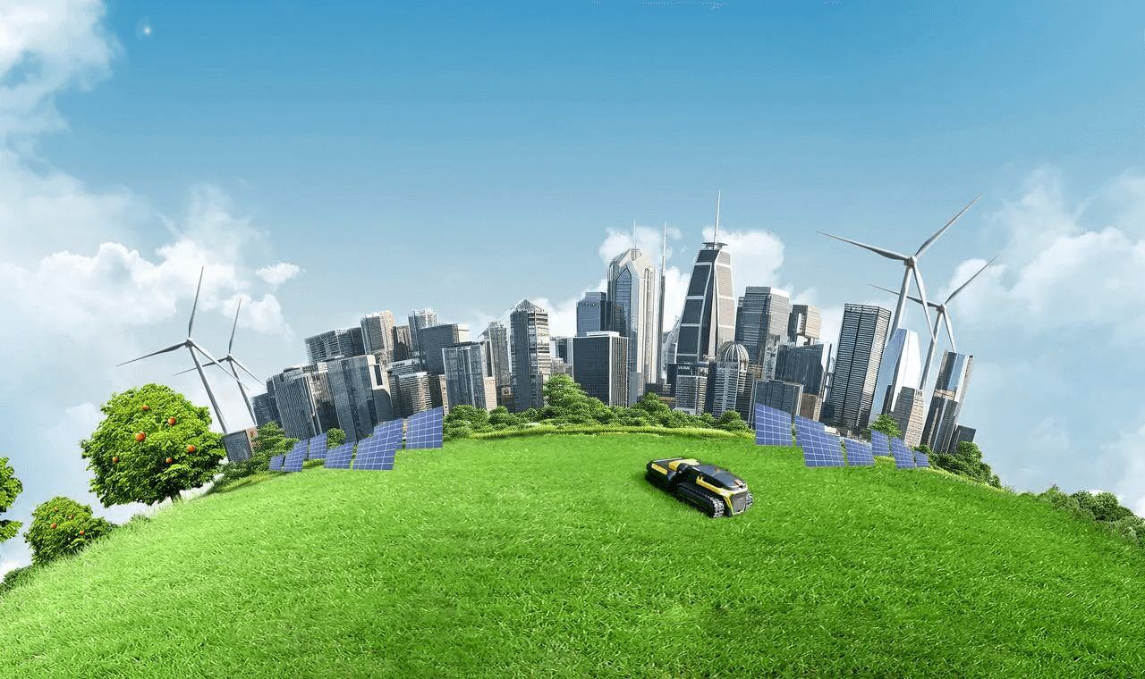 Lush green hill with solar panels, wind turbines, and a robotic mower, backed by a modern city skyline under a clear blue sky, symbolizing sustainable urban innovation.