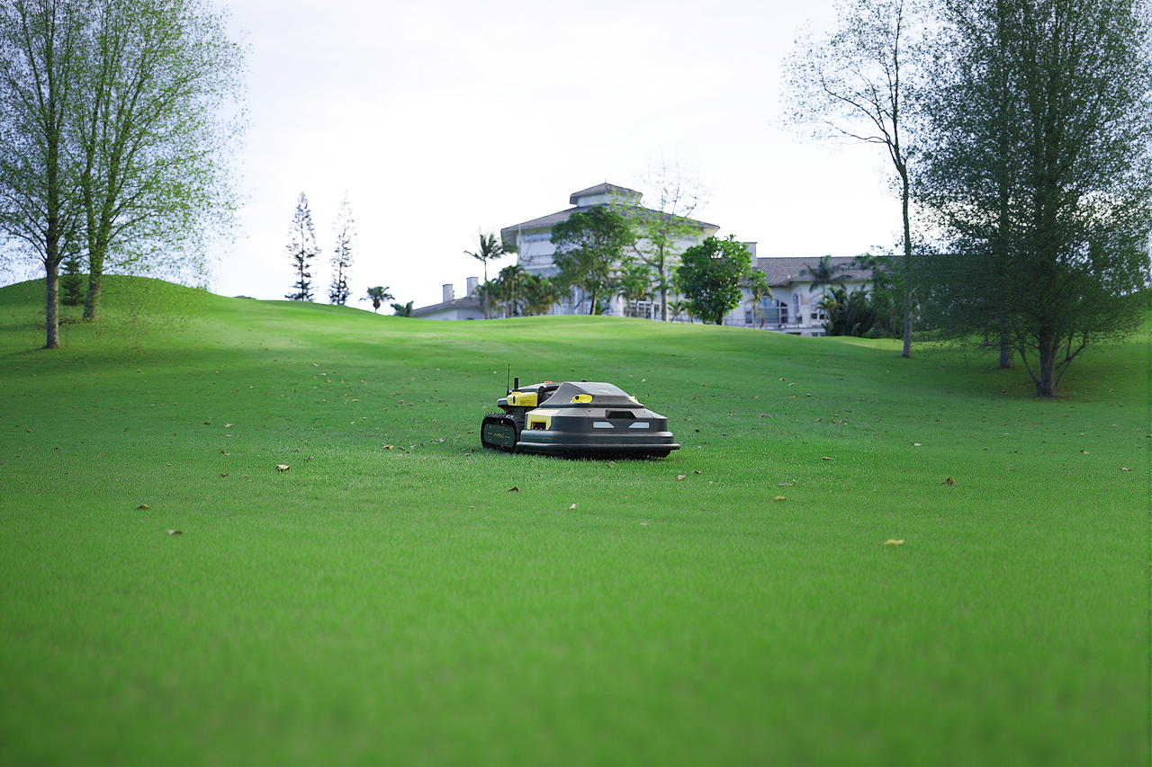 Yarbo robotic mower glides across lush green lawn, cutting grass with precision near a modern home.
