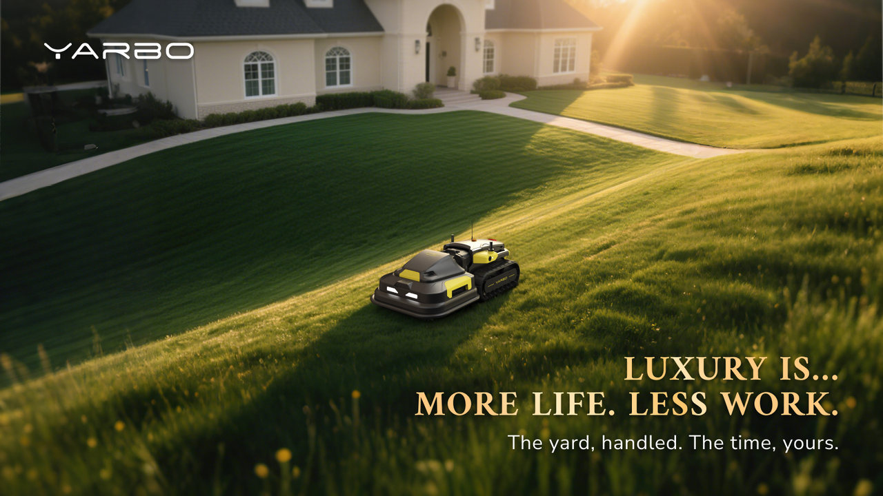 Yarbo robot mower glides across lush green lawn at golden hour, transforming yard care into effortless luxury.