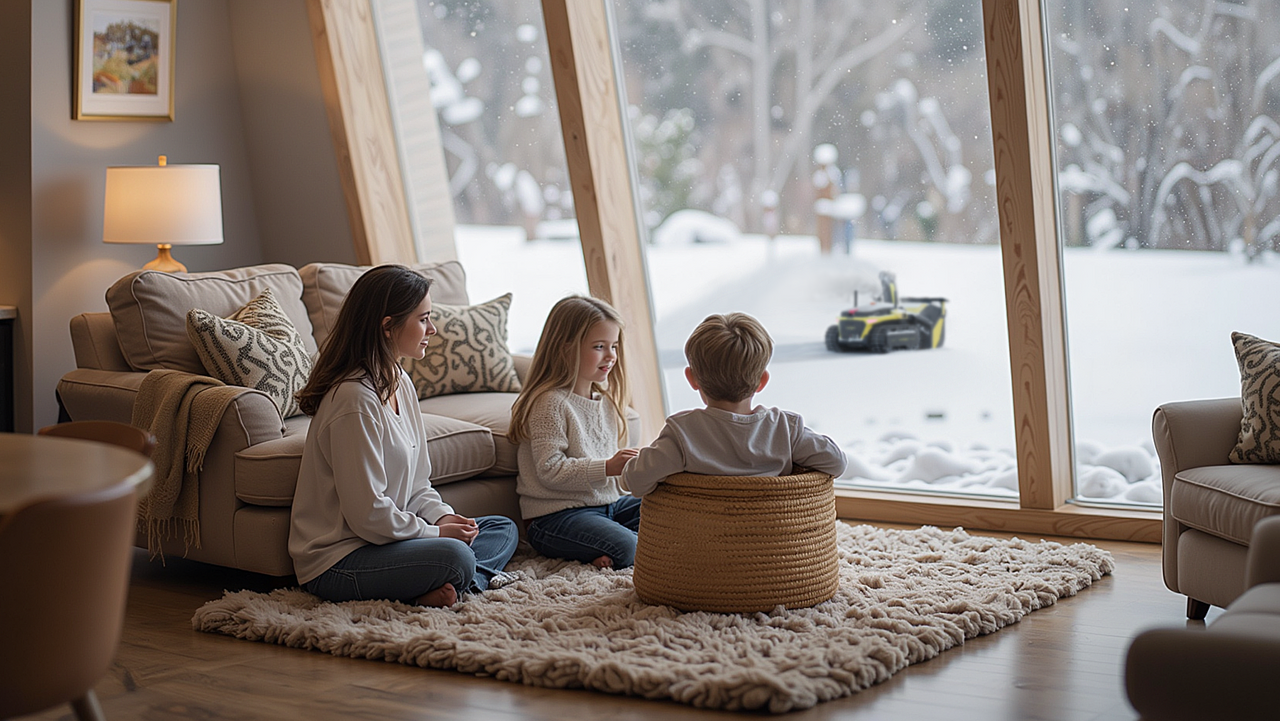 Family relaxes indoors, watching automatic snow blower clear driveway through large window on snowy day.