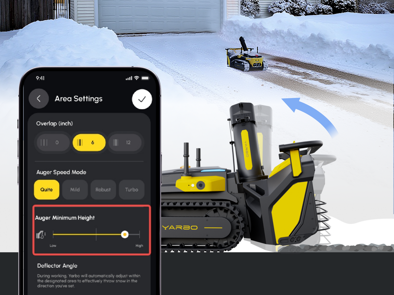 Yellow Yarbo robot clears snow from gravel driveway, app controls height for surface protection.