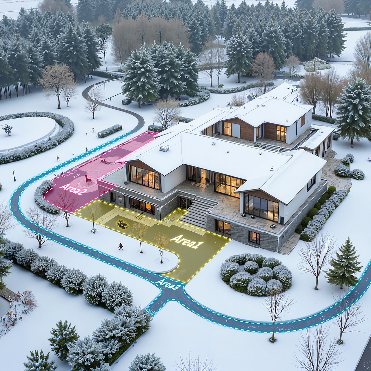 Aerial view of a snowy modern home with color-coded zones for efficient snow removal, highlighting Yarbo’s smart path optimization solution.
