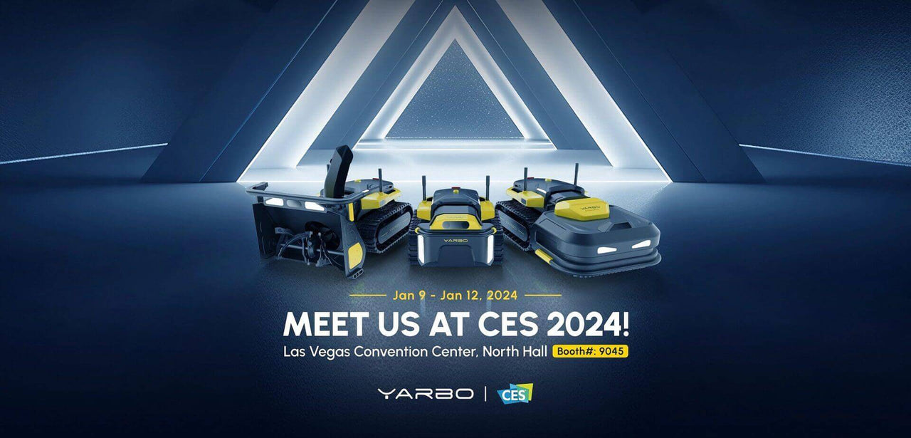 Three Yarbo robotic yard care machines on display under futuristic blue lighting at CES 2024 booth.