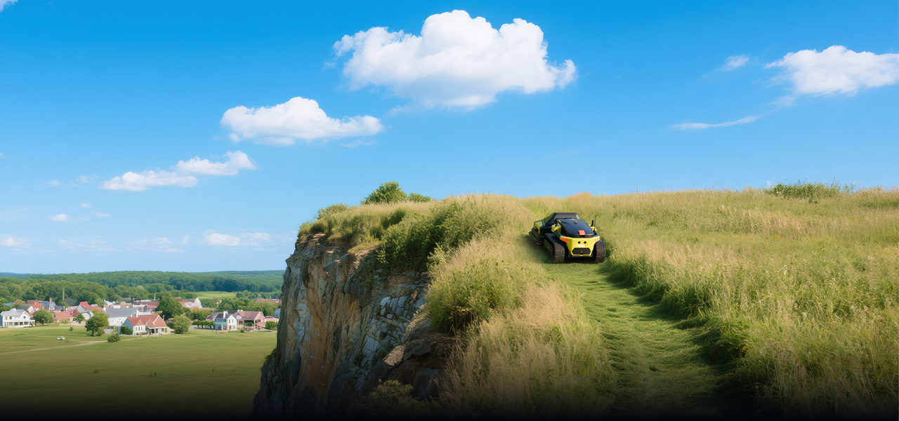 Yellow Yarbo mower climbs steep grassy hill under bright blue sky, showcasing 300W motor power on rugged terrain.