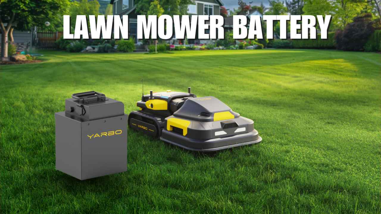 Robotic lawn mower and battery on lush green lawn, showcasing modern, efficient yard care technology.