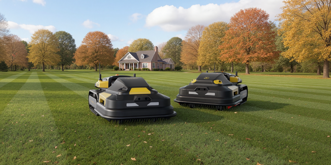 Two Yarbo robotic mowers on a striped lawn, autumn trees and house in background, showcasing smart lawn care.