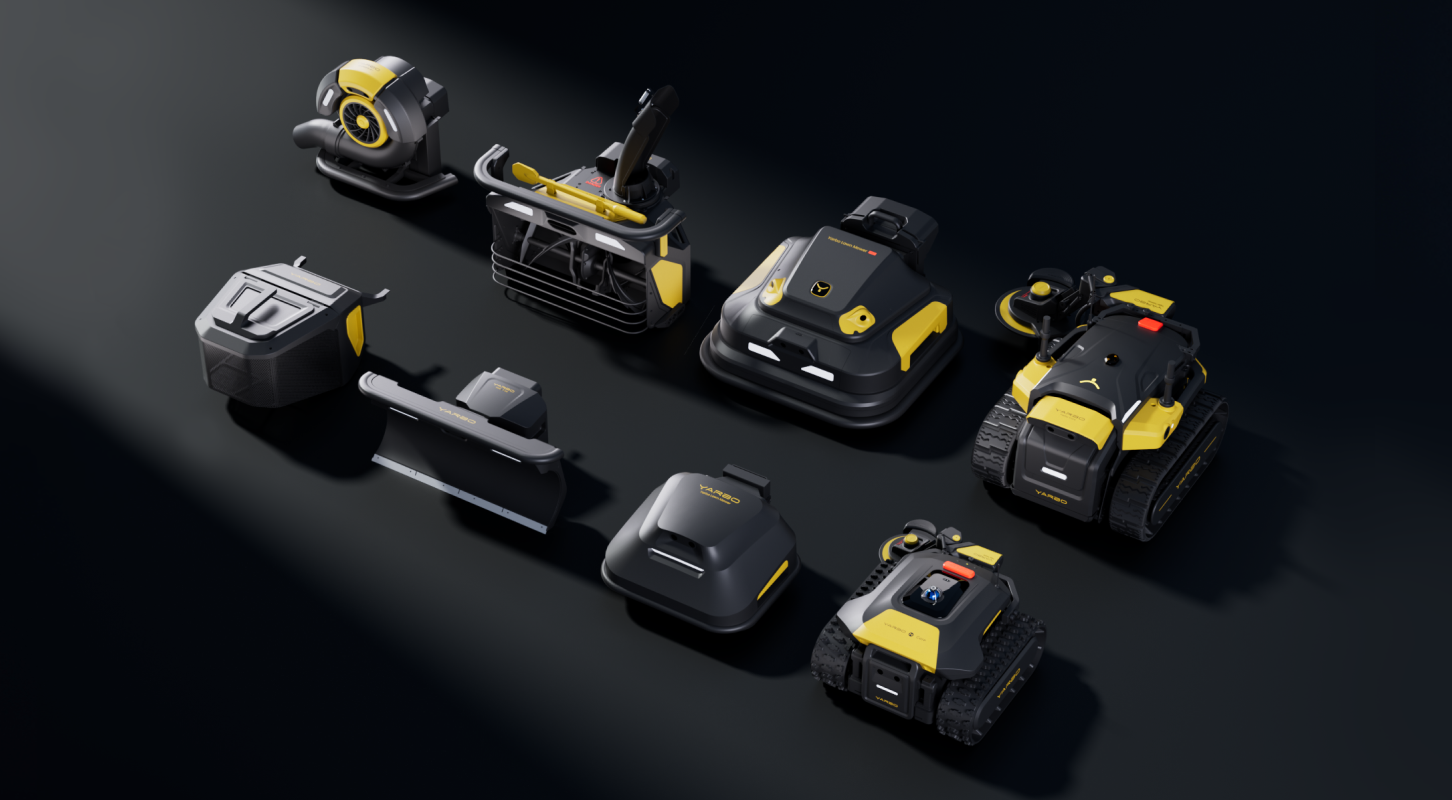 Sleek black and yellow robotic lawn care machines arranged on dark surface, showcasing modern, high-tech outdoor automation tools.