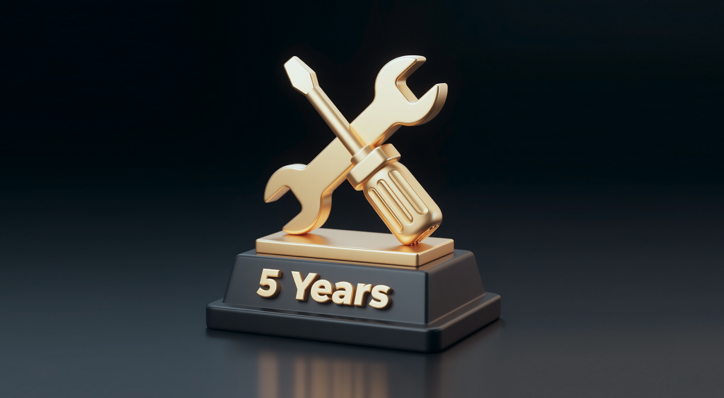 Golden wrench and screwdriver trophy on black base with "5 Years" text, symbolizing premium extended warranty protection.