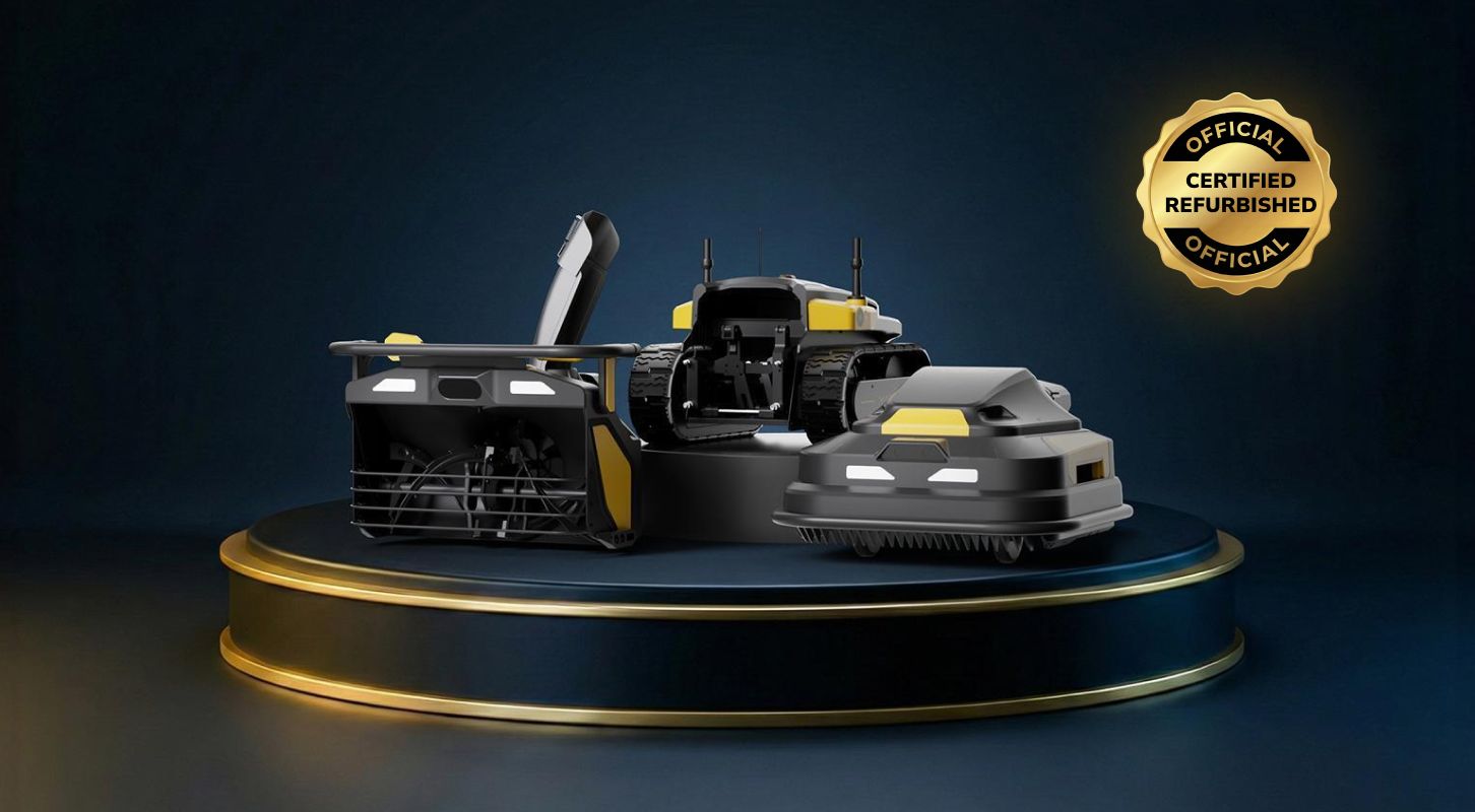 Certified refurbished robotic lawn mowers on sleek navy podium with gold accents, premium tech aesthetic.