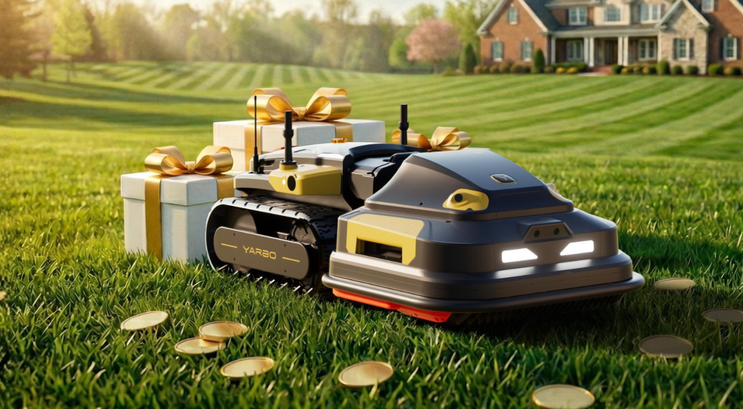Sleek black and gold robotic lawn mowers on lush green grass with gift boxes and coins, showcasing premium smart garden tech for modern homes.
