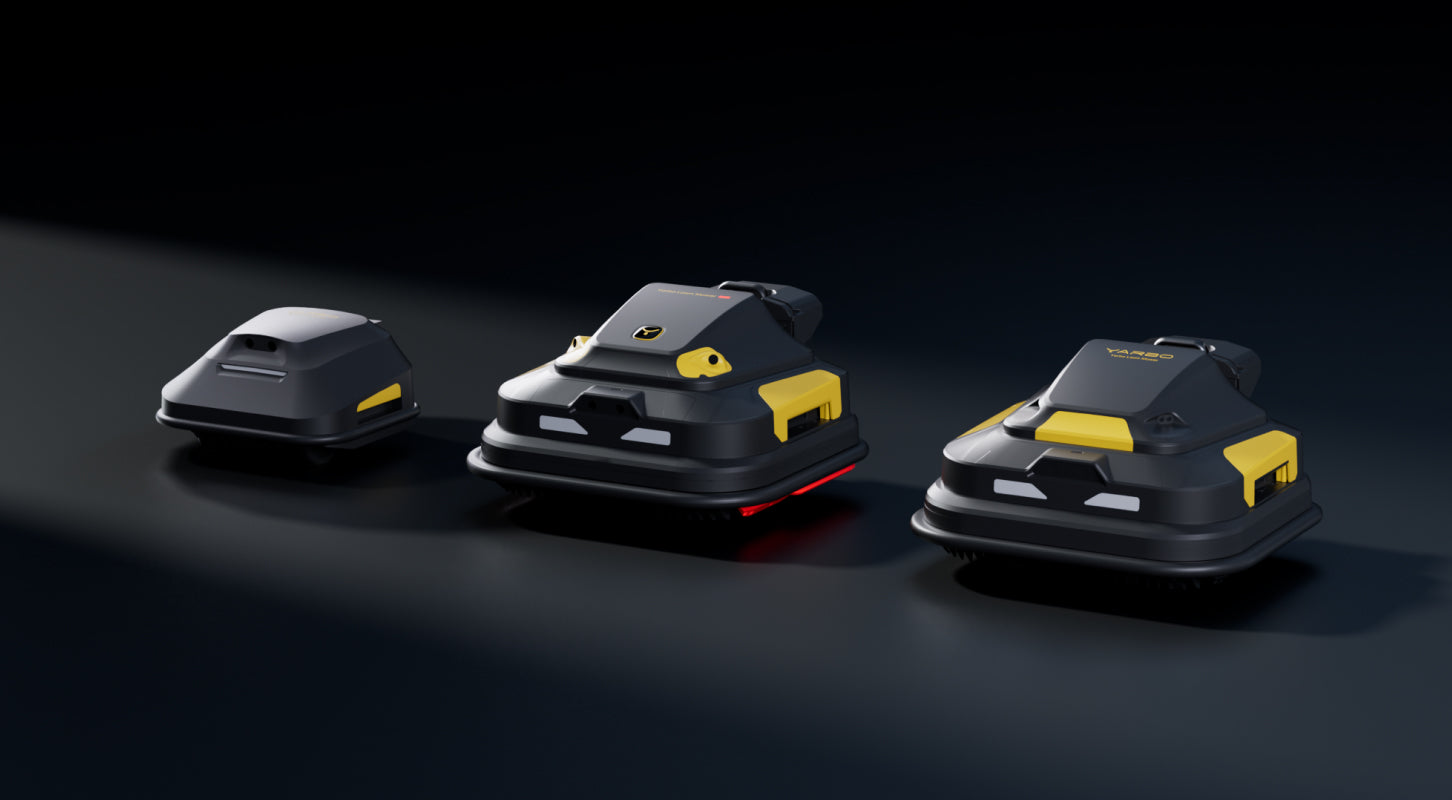 Sleek black and yellow robotic lawn mowers in modern, minimalist display — smart, efficient, premium yard care technology.