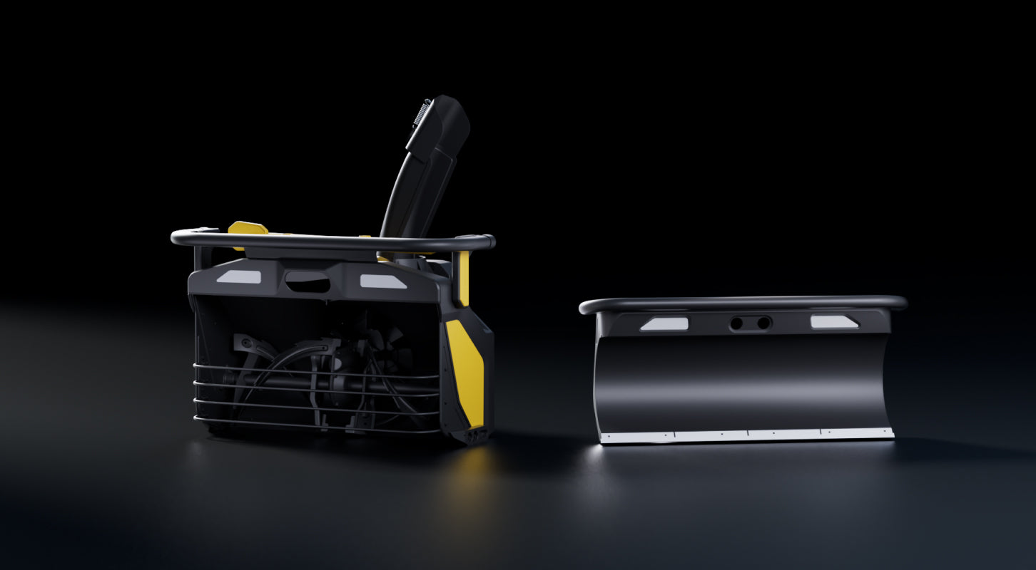 Sleek black and yellow snow removal modules with modern design, featuring plow and auger attachments for efficient winter clearing.
