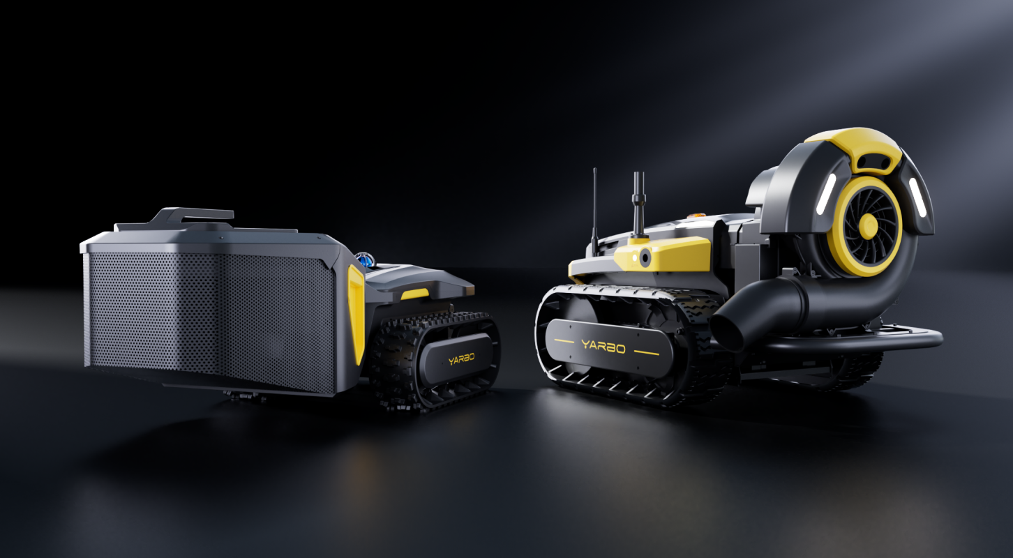 Sleek black and yellow YARBO M Series robotic leaf cleaners with tank treads, modern design, smart outdoor yard maintenance tech.