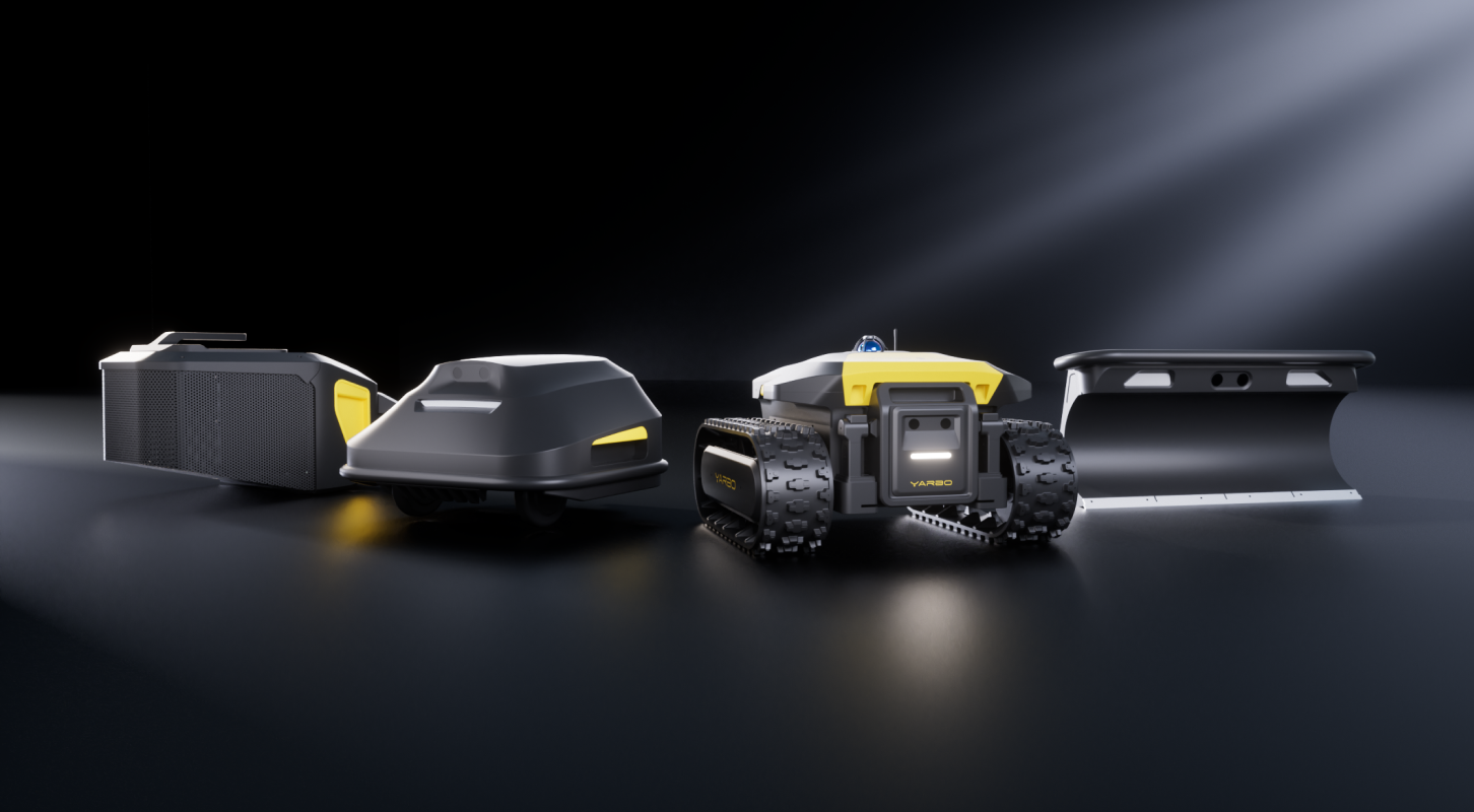 Sleek black and yellow YARBO M Series robots with modular attachments, showcasing futuristic, rugged design for advanced automation tasks.