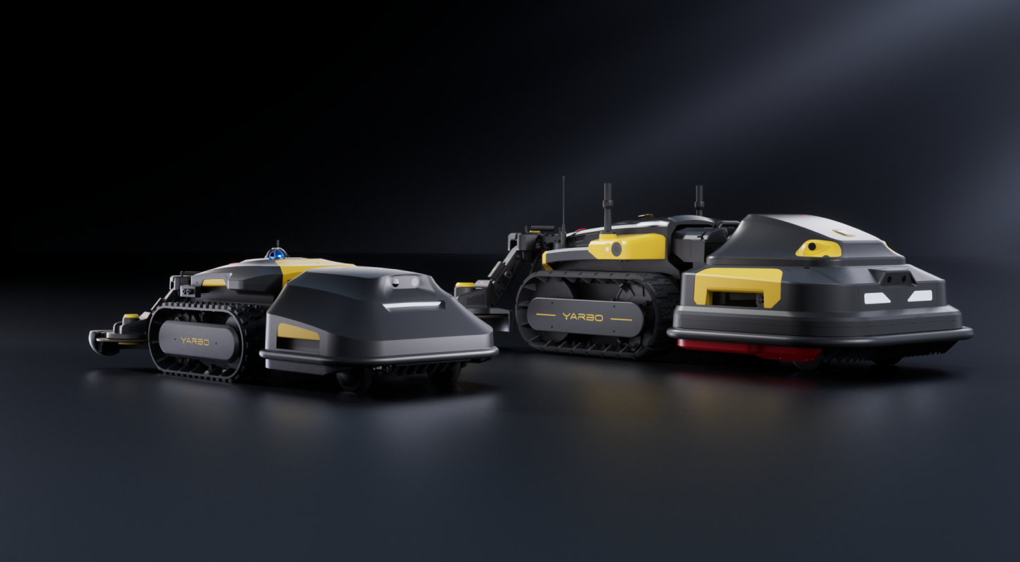 Sleek black and yellow YARBO robotic mowers, modern tank-style design, smart lawn care technology, premium outdoor automation.