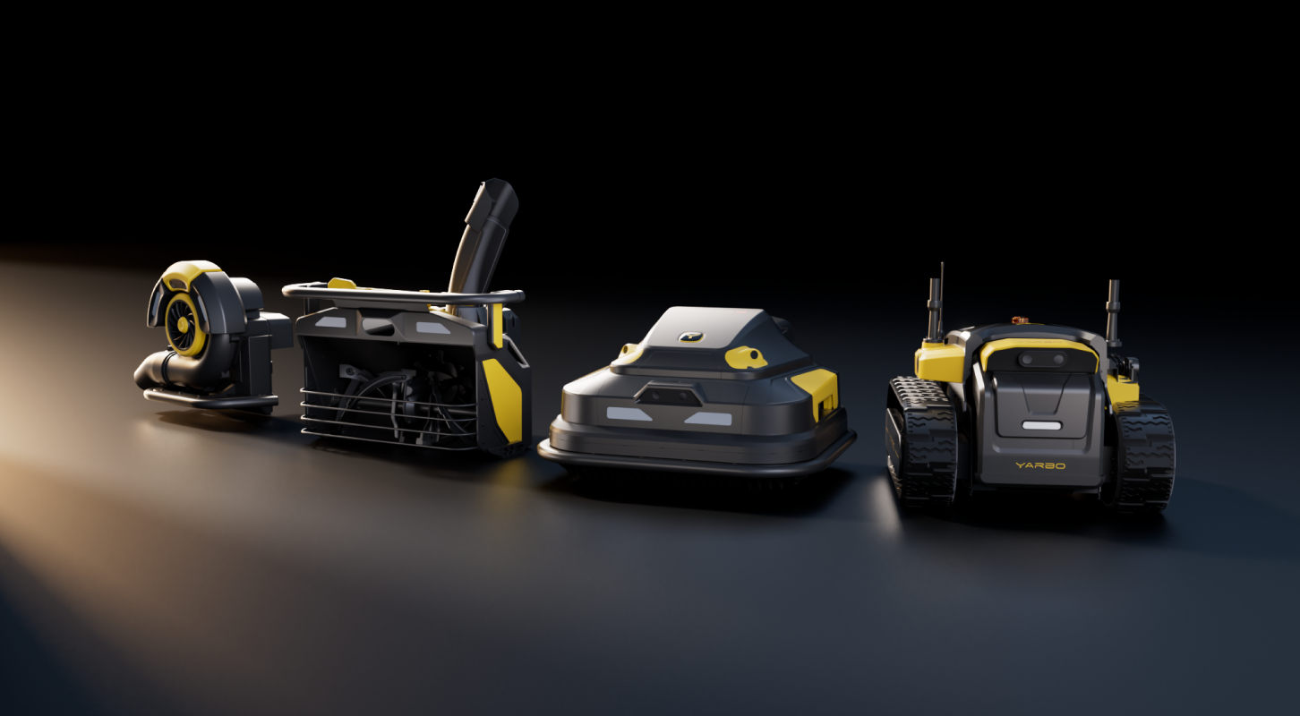 Sleek black and yellow robotic leaf cleaners in modern lineup, showcasing smart yard tech for effortless outdoor maintenance.