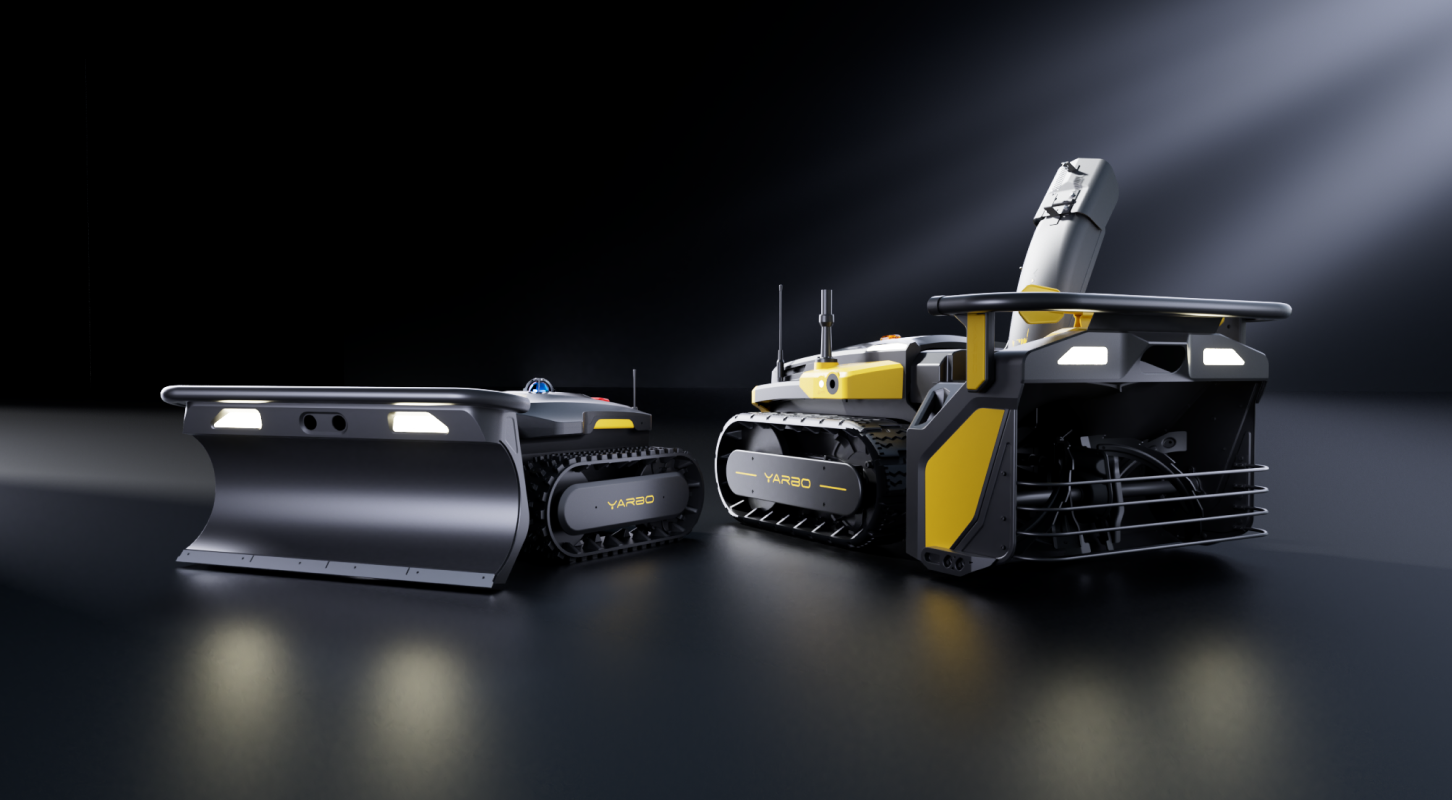 Sleek black and yellow robotic snow plows and blowers, modern design, powerful winter gear for effortless snow removal.