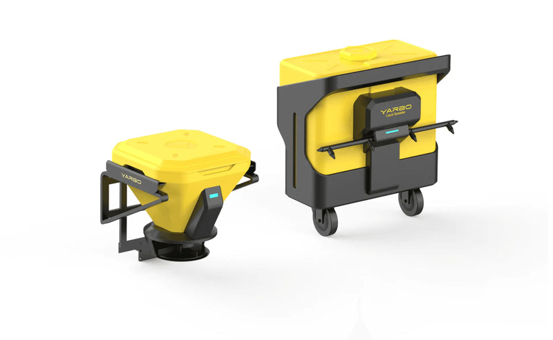 Two yellow and black YARBO spreaders: one granular, one liquid, on white background.