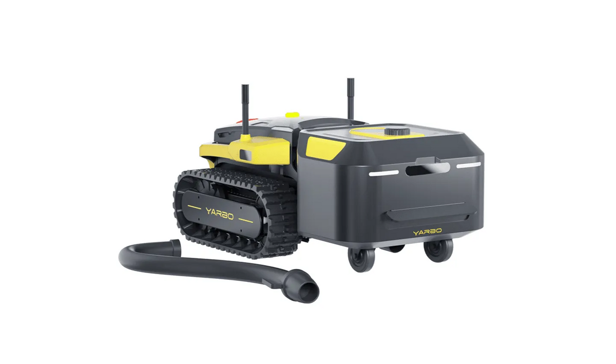 Black and yellow YARBO robotic vacuum with tank treads, wheels, and detachable hose, isolated on white background.