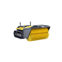 Yellow and black robotic pool cleaner with brush attachment and tracks, isolated on white background.