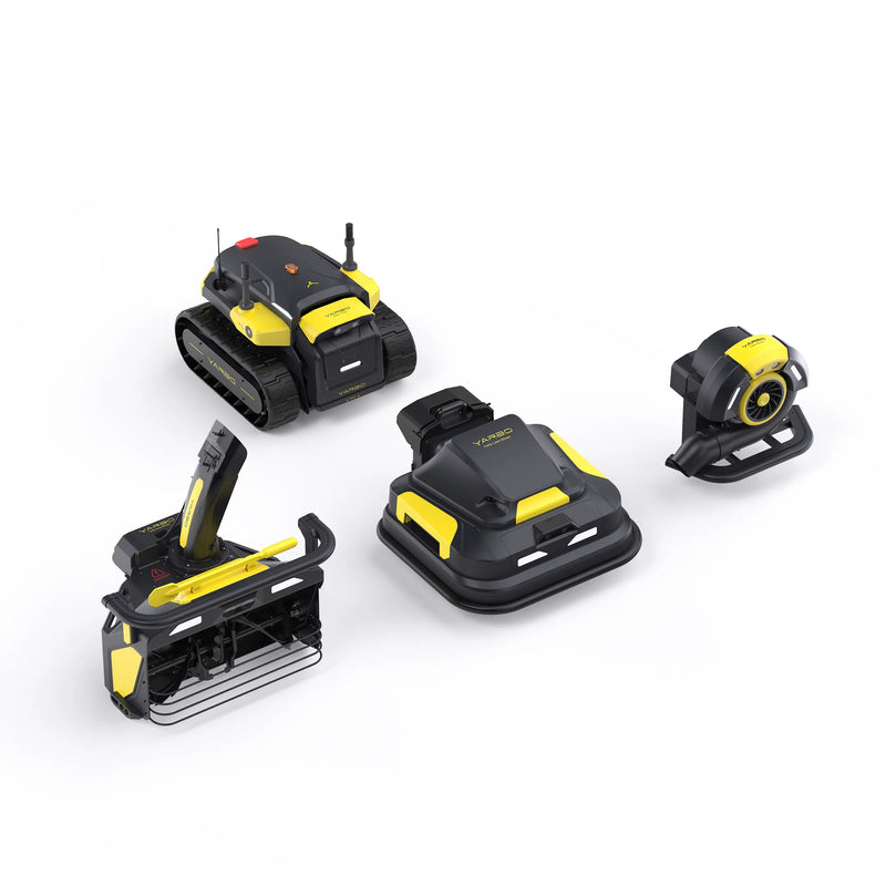 Four black and yellow YARBO robotic lawn mowers with different attachments, arranged on a white background.