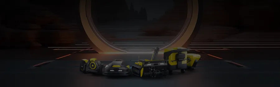Four yellow and black robotic devices lined up in a dark tunnel, facing a glowing circular exit with blurred motion lines.