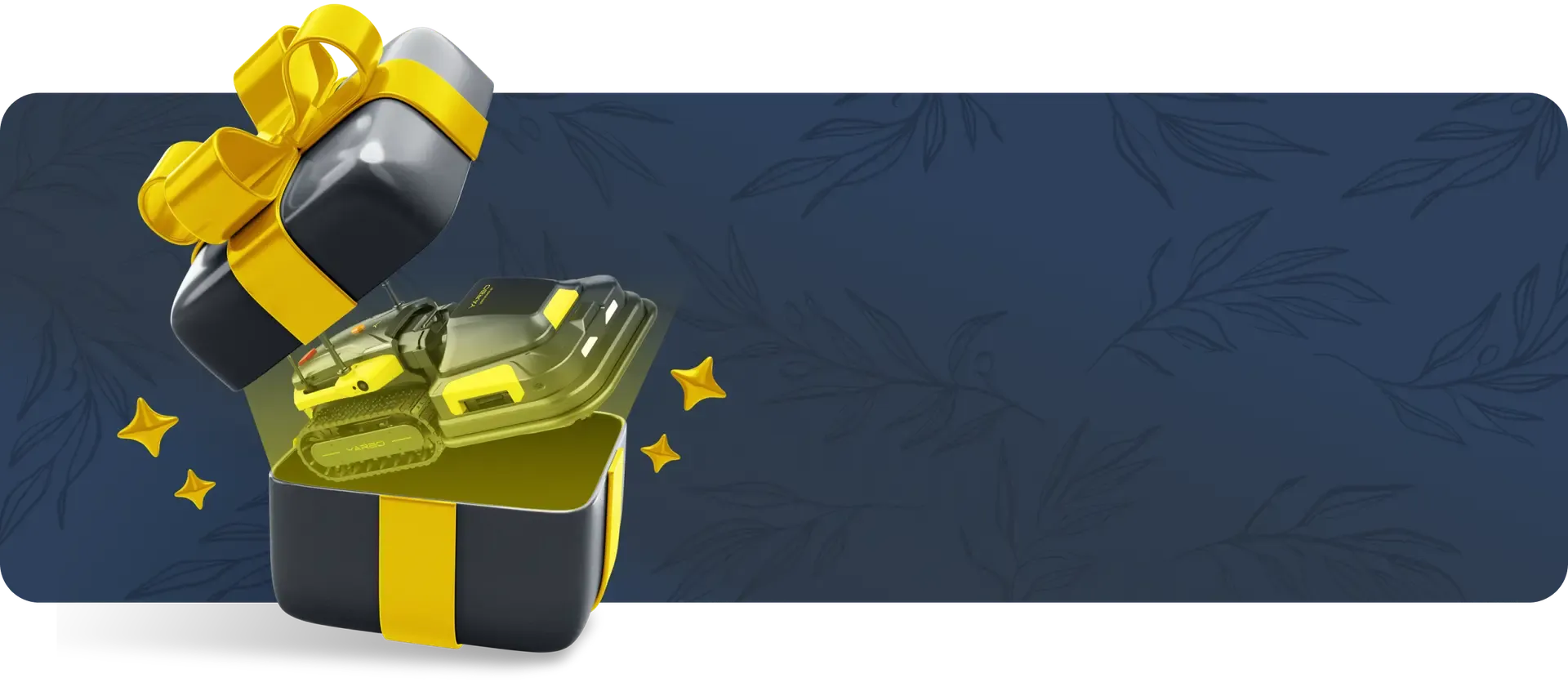 Black gift box with yellow ribbon opens to reveal yellow and black robotic lawn mower, floating stars, dark blue leaf-patterned background.