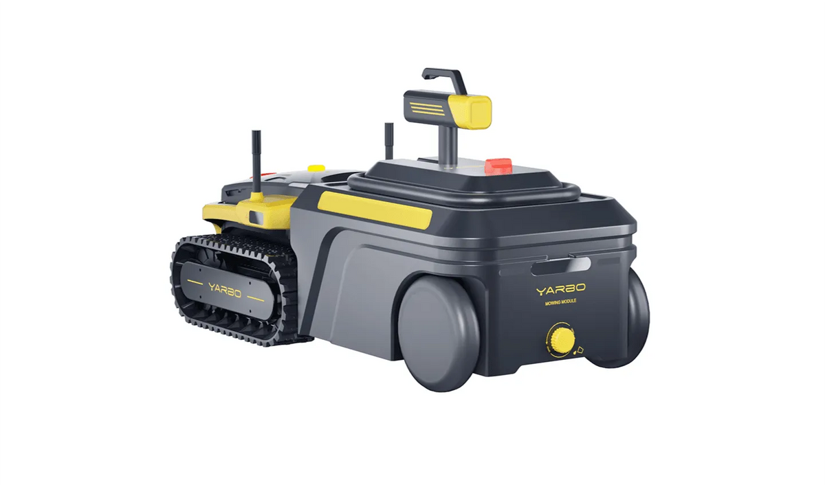 Black and yellow YARBO robotic moving module with tank tracks and wheels, featuring antennas and control panel.