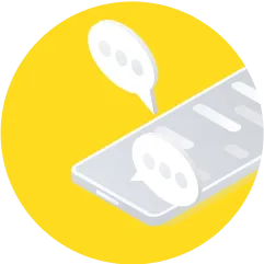 Yellow circle with gray smartphone displaying two white speech bubbles, one floating above, symbolizing messaging or communication.