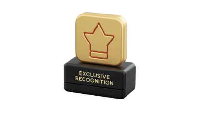 Golden star-shaped award on black base with "EXCLUSIVE RECOGNITION" text, minimalist design, clean white background.