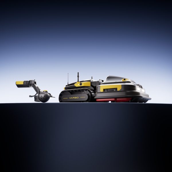 Three black and yellow YARBO robotic lawn mowers on a dark surface, side-by-side, with a gradient blue background.