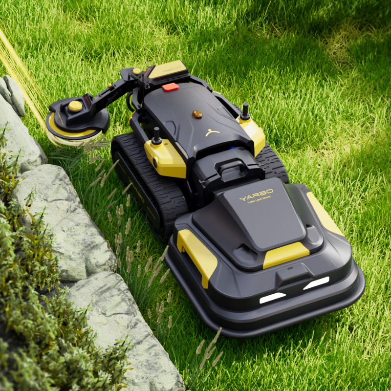 Black and yellow robotic lawn mower module with trimmer attachment by YARBO, shown on grass near rocks, side view.