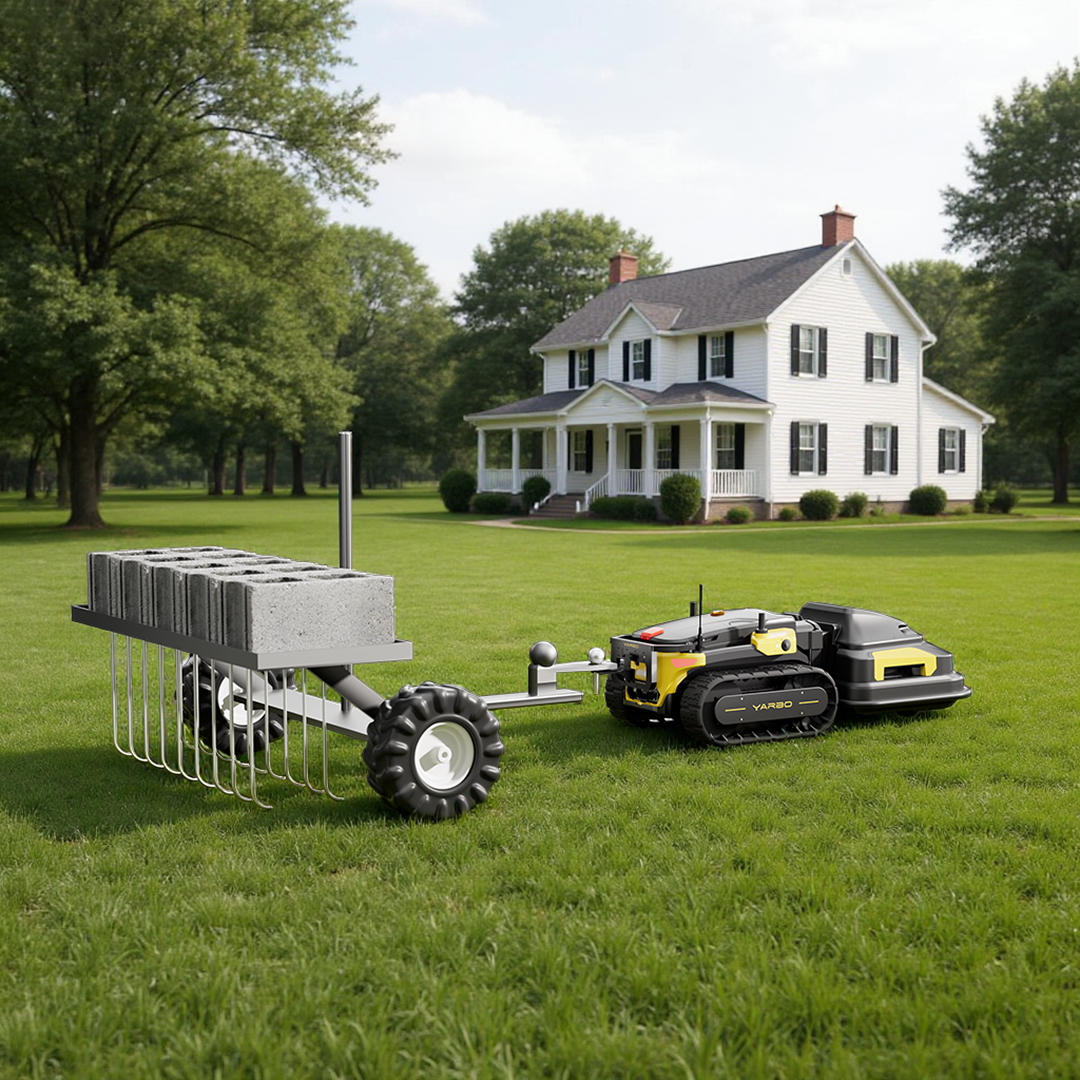 Metal back brace mount with vertical bars and wheel attachment, by YARBO, shown on lawn with robotic mower and concrete blocks.