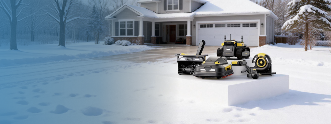 Four black and yellow YARBO robotic snow removal machines on a white platform in a snowy driveway, with a house in the background.