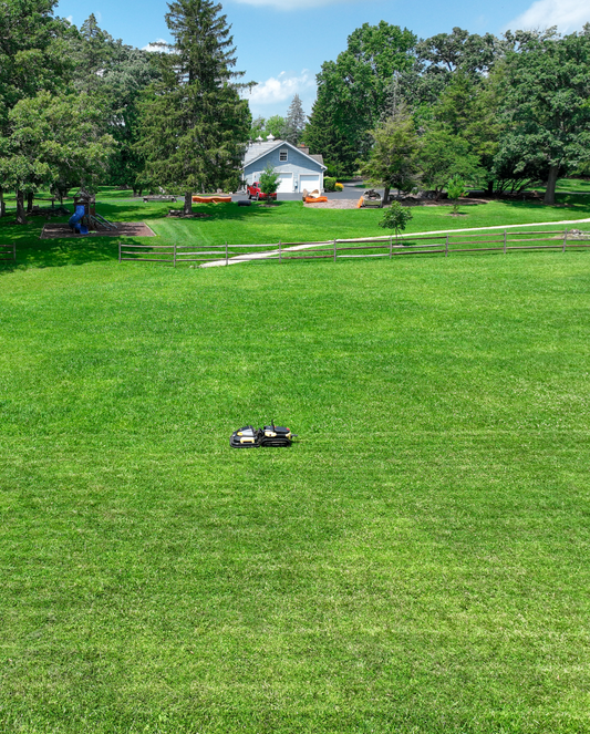 Black and yellow robotic lawn mower by Yarbo on lush green grass in a spacious backyard, side view, lifestyle setting