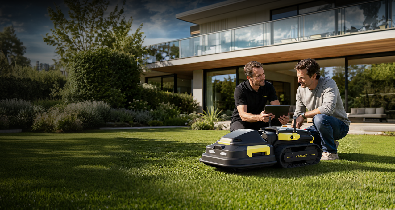 Two men kneel on a lush green lawn beside a black and yellow YARBO robotic mower, one holding a tablet, in front of a modern house with large glass windows.