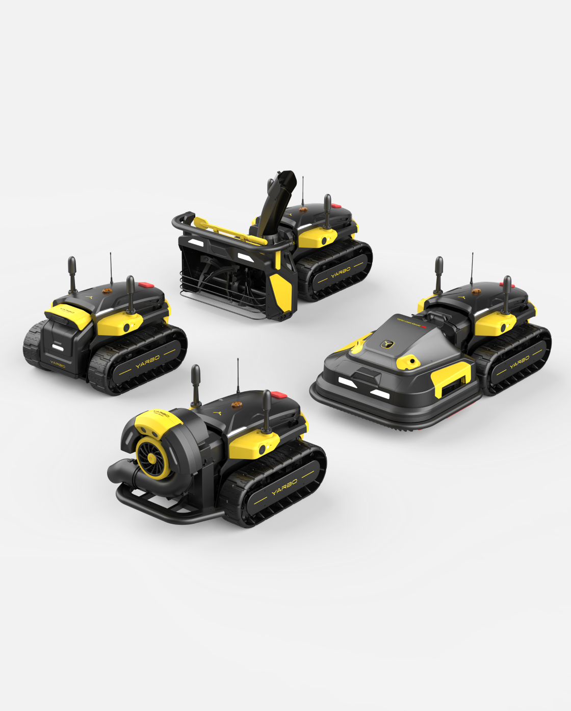 Black and yellow RTK antenna-equipped robotic units by YARBO, shown in multiple angles with tracked bases and modular attachments.