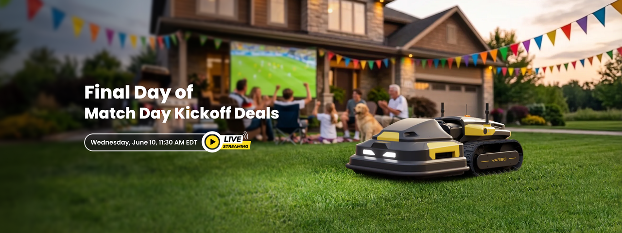 Black and yellow YARBO robot on green lawn, family watches soccer on large screen, colorful flags, "Final Day of Match Day Kickoff Deals" text, live streaming icon.