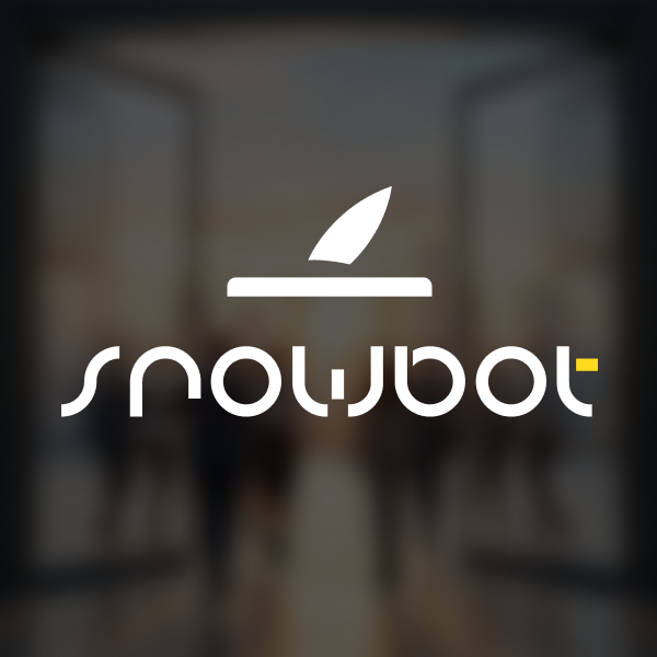 White "snowbot" logo with stylized leaf above text, yellow dot on "t", on blurred dark background.