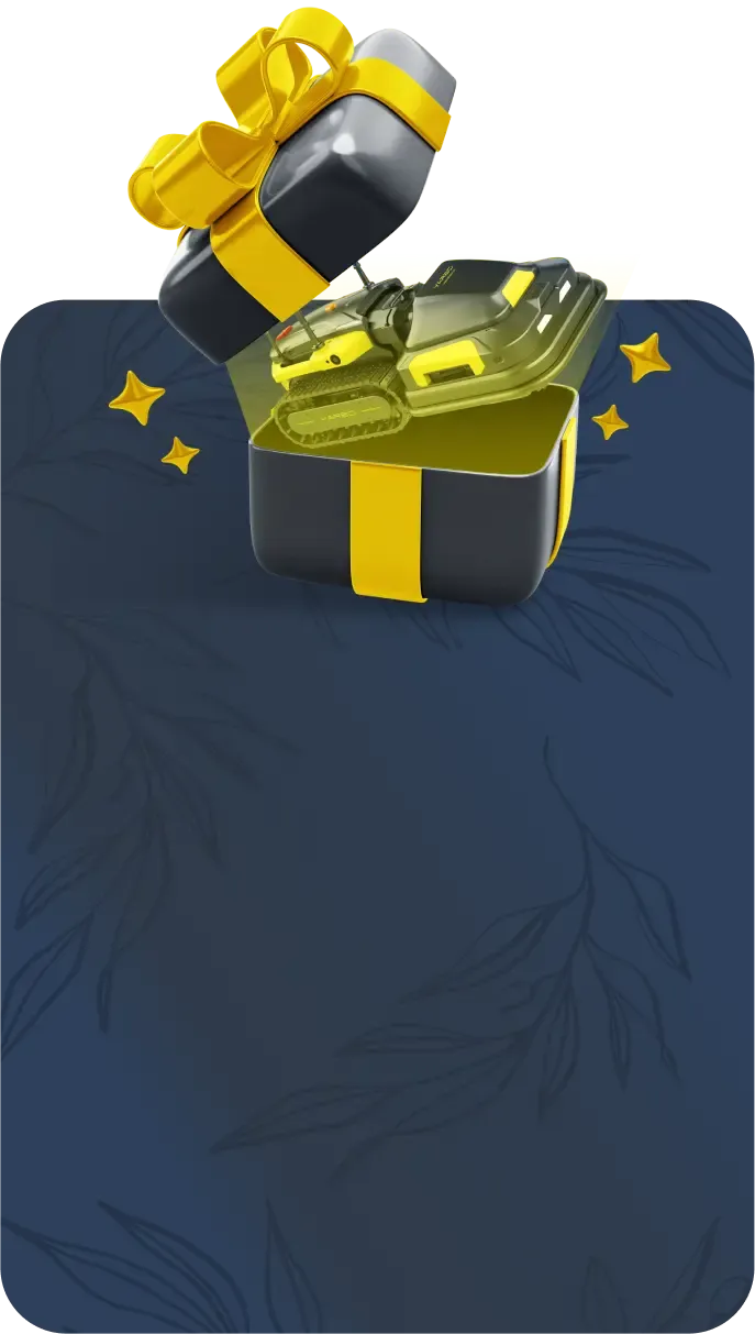 Black and yellow gift box with ribbon opens to reveal a toy tank, set against a dark blue leaf-patterned background with gold stars.
