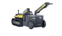 Black and yellow YARBO remote-controlled toy truck with tank tracks, crane arm, and storage box on white background.
