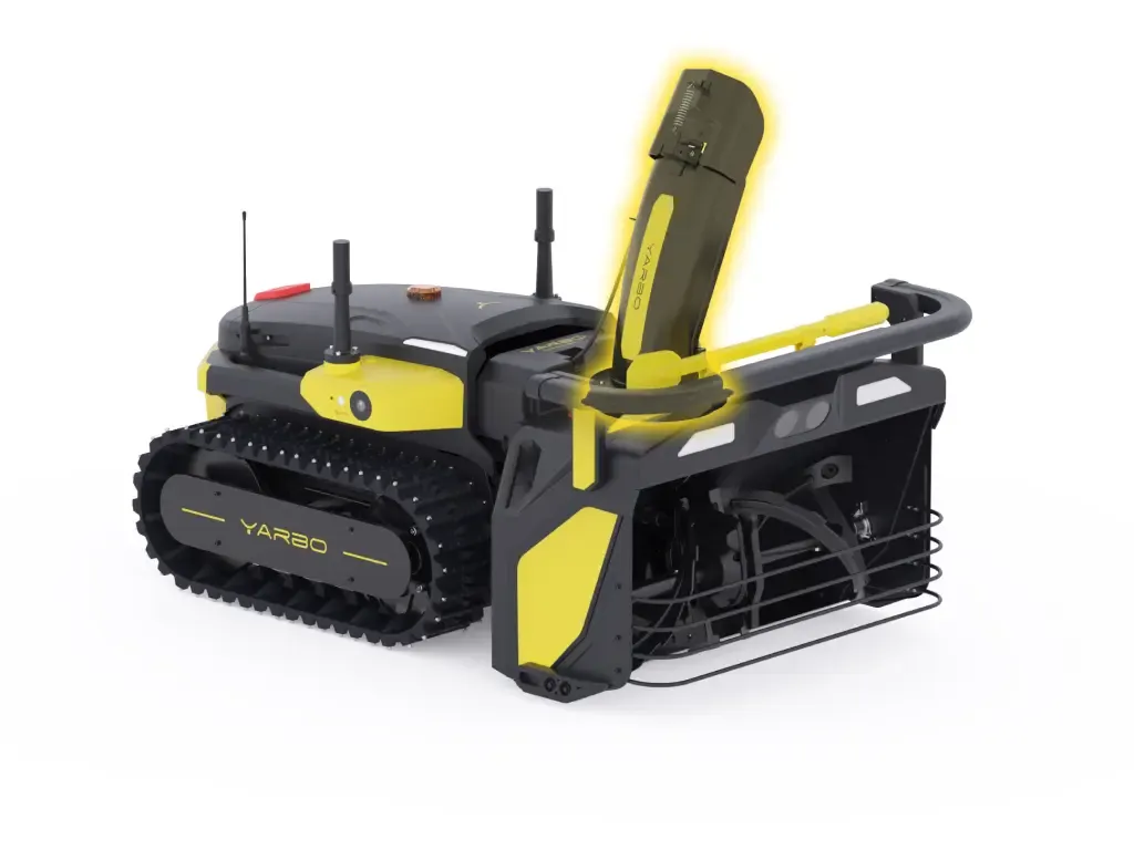 Black and yellow YARBO tracked robot with raised front arm, visible antennas, and wire basket, on white background.